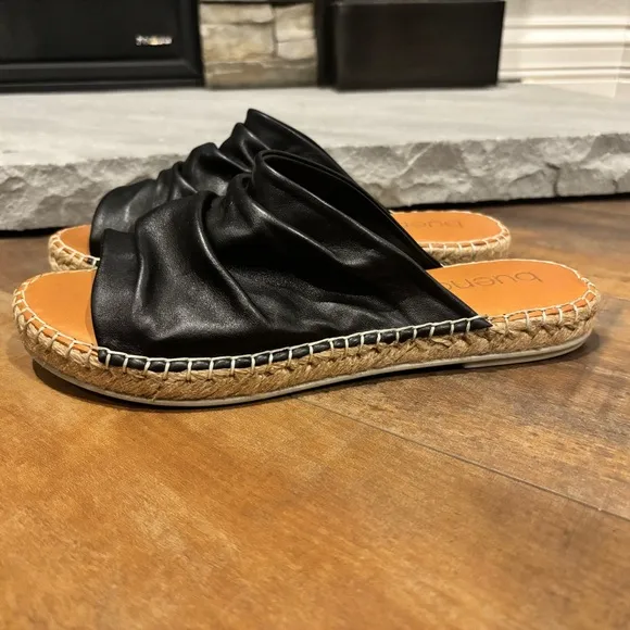 Bueno Nice Women Sz 40 US 9.5/10 Ruched Black Leather Slip on Espadrille Sandals
