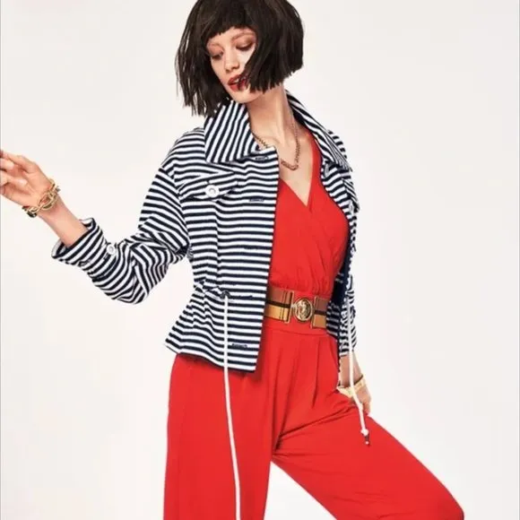 Cabi &quot;Harbor&quot; Cinched Waist Navy and White Striped Jacket