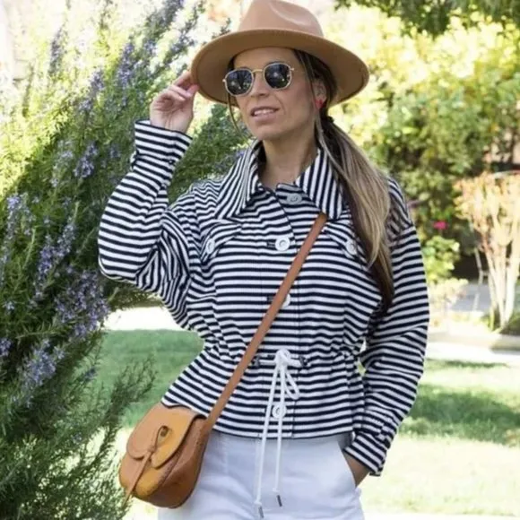 Cabi &quot;Harbor&quot; Cinched Waist Navy and White Striped Jacket