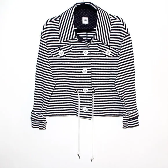 Cabi &quot;Harbor&quot; Cinched Waist Navy and White Striped Jacket
