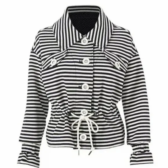 Cabi &quot;Harbor&quot; Cinched Waist Navy and White Striped Jacket