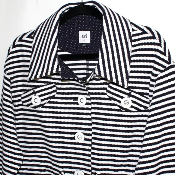 Cabi &quot;Harbor&quot; Cinched Waist Navy and White Striped Jacket