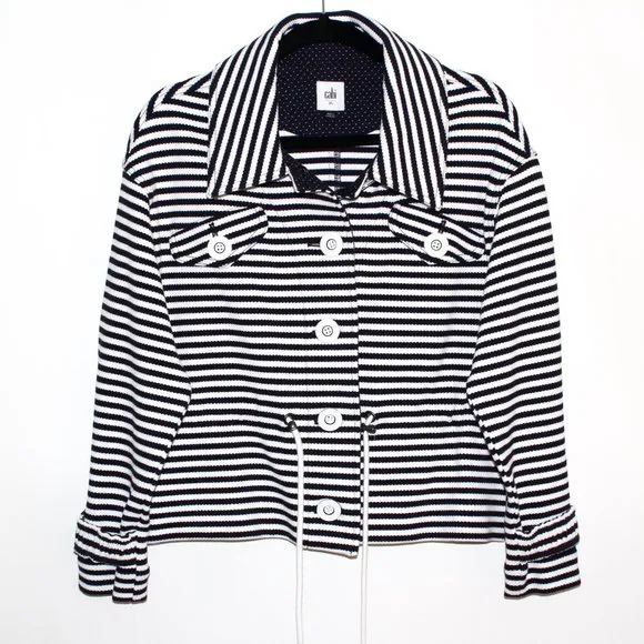 Cabi &quot;Harbor&quot; Cinched Waist Navy and White Striped Jacket