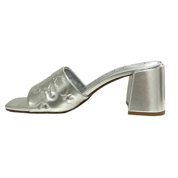 CALVIN KLEIN ELORA Women's Block Heel Logo Dress Sandals Silver Size 8.5 Slip On