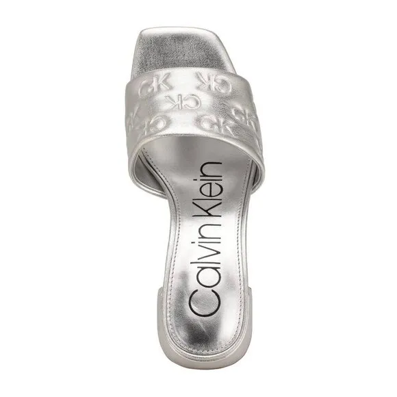 CALVIN KLEIN ELORA Women's Block Heel Logo Dress Sandals Silver Size 8.5 Slip On