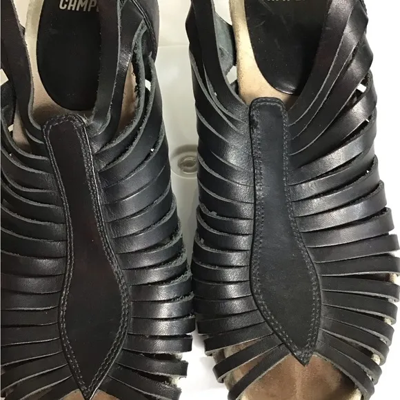 Camper Women “Rachel Wedge Sandals Sz. 39/8.5US Black EUC with Strappy Design