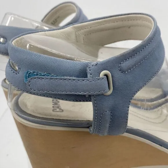 Camper Women's Leather Wood Limi Strap Wedge Sole Sandal Blue Size 39