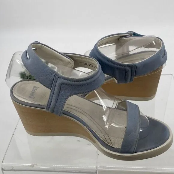 Camper Women's Leather Wood Limi Strap Wedge Sole Sandal Blue Size 39