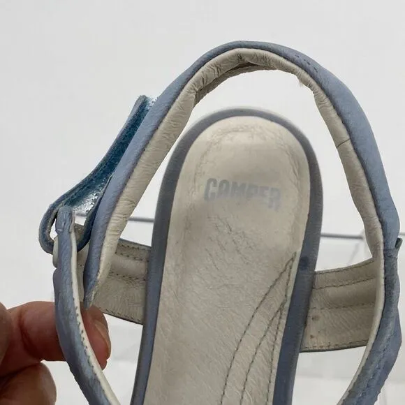 Camper Women's Leather Wood Limi Strap Wedge Sole Sandal Blue Size 39