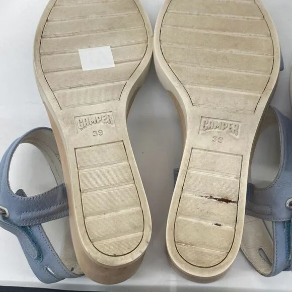 Camper Women's Leather Wood Limi Strap Wedge Sole Sandal Blue Size 39