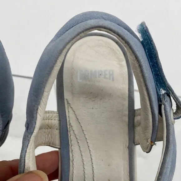 Camper Women's Leather Wood Limi Strap Wedge Sole Sandal Blue Size 39