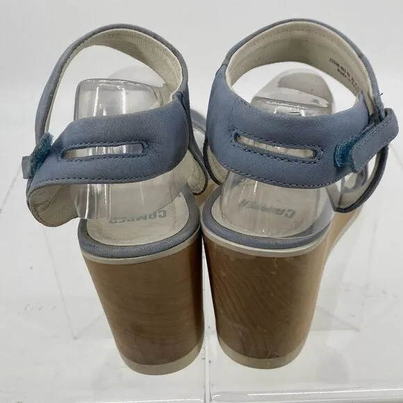 Camper Women's Leather Wood Limi Strap Wedge Sole Sandal Blue Size 39