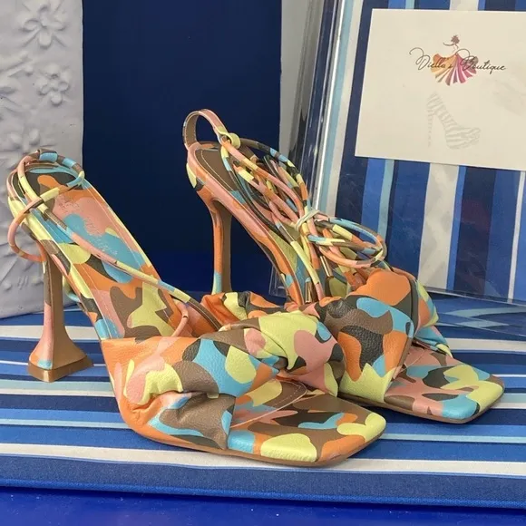 Cape Robbin multicolor camo square toe knotted strappy  high heel sandals sz 10