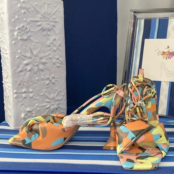 Cape Robbin multicolor camo square toe knotted strappy  high heel sandals sz 10