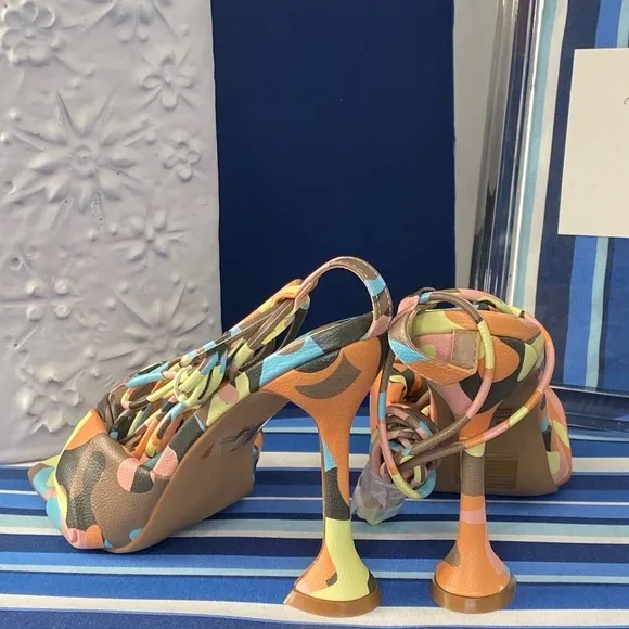 Cape Robbin multicolor camo square toe knotted strappy  high heel sandals sz 10