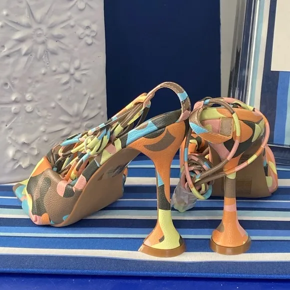 Cape Robbin multicolor camo square toe knotted strappy  high heel sandals sz 10
