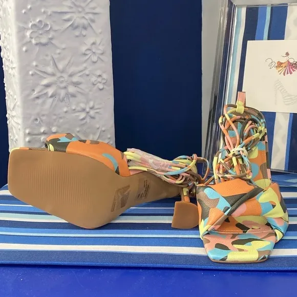 Cape Robbin multicolor camo square toe knotted strappy  high heel sandals sz 10