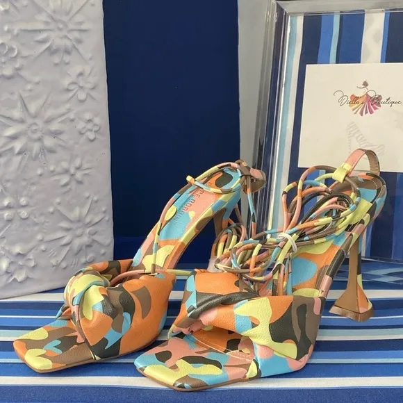 Cape Robbin multicolor camo square toe knotted strappy  high heel sandals sz 10