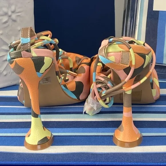 Cape Robbin multicolor camo square toe knotted strappy  high heel sandals sz 10