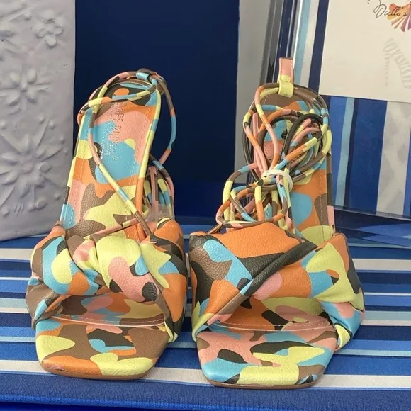 Cape Robbin multicolor camo square toe knotted strappy  high heel sandals sz 10