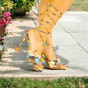 Cape Robbin multicolor camo square toe knotted strappy  high heel sandals sz 10