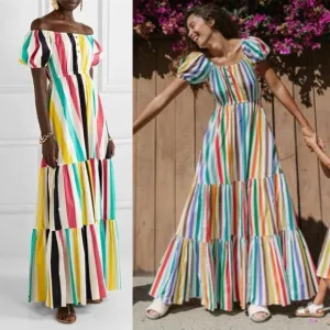 Caroline Constas Bardot Off Shoulder Striped Voile Maxi Dress in Multicolor