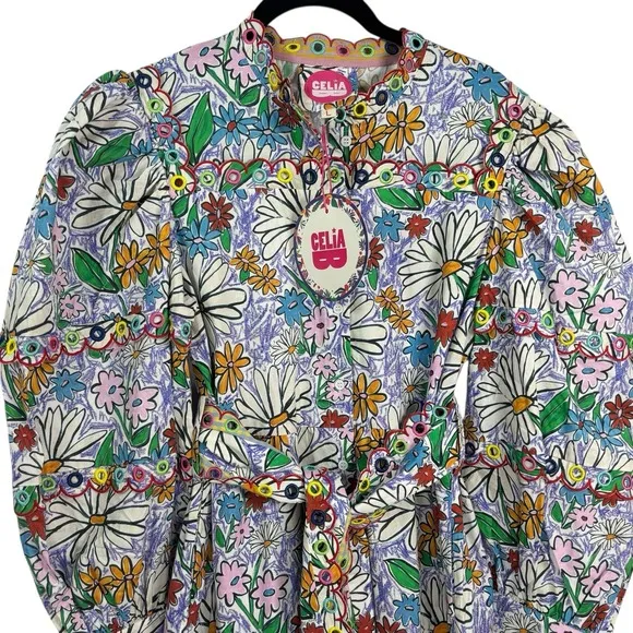 Celia B Oliver MIDI Dress Embroidered Floral Crayon Multicolor Southern Size L