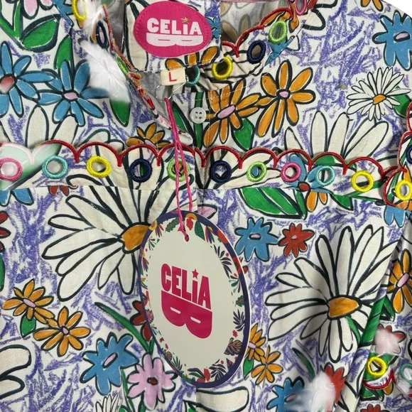 Celia B Oliver MIDI Dress Embroidered Floral Crayon Multicolor Southern Size L