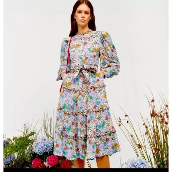 Celia B Oliver MIDI Dress Embroidered Floral Crayon Multicolor Southern Size L