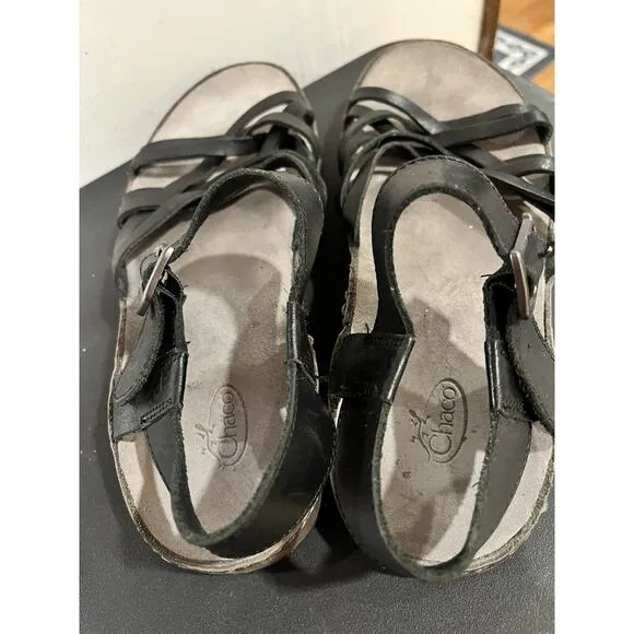 Chaco Fallon Black Leather Summer Sandals Womens Size 8 Outdoor Hiking GUC