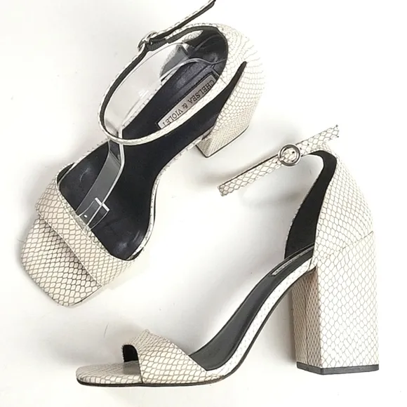 Chelsea &amp; Violet Tara Snakeskin Embossed Leather Block Heel Ankle Strap Sandal
