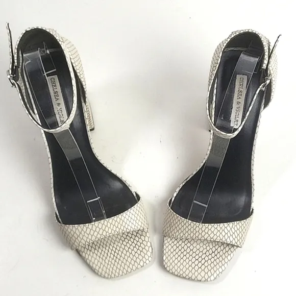 Chelsea &amp; Violet Tara Snakeskin Embossed Leather Block Heel Ankle Strap Sandal