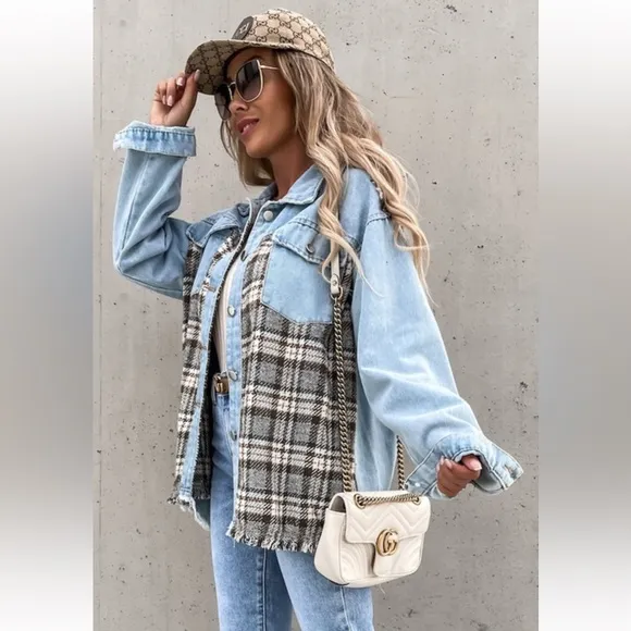 Chic Plaid Trim Jean Shirt Jacket From Paris France