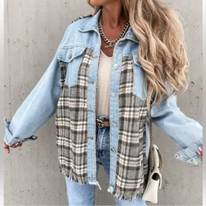 Chic Plaid Trim Jean Shirt Jacket From Paris France