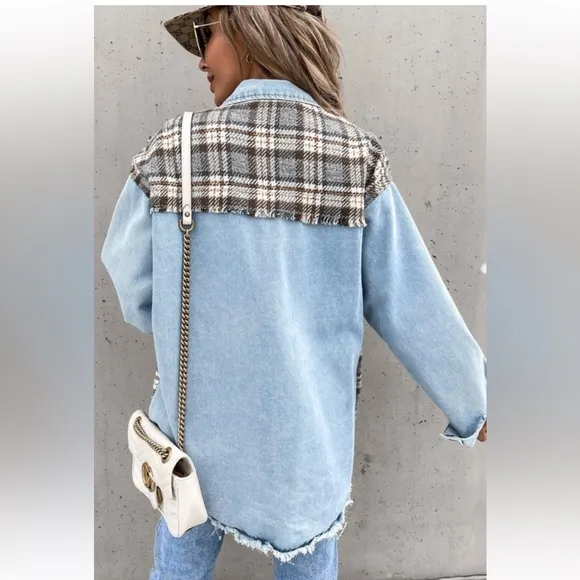 Chic Plaid Trim Jean Shirt Jacket From Paris France