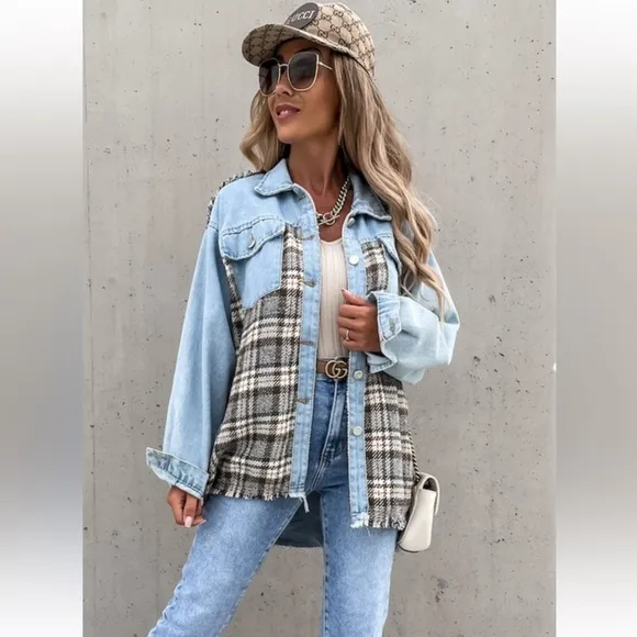 Chic Plaid Trim Jean Shirt Jacket From Paris France