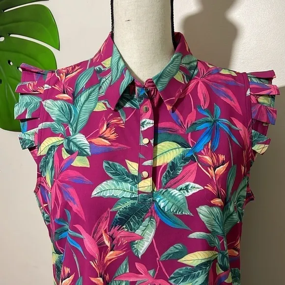 Chico’s Zenergy UPF Neema Floral Ruffle Dress size M Pink Berry Tropical Floral