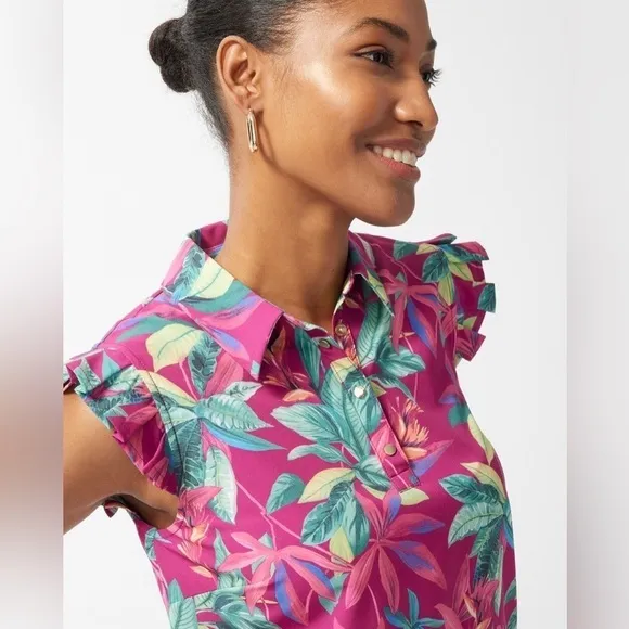 Chico’s Zenergy UPF Neema Floral Ruffle Dress size M Pink Berry Tropical Floral