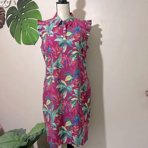 Chico’s Zenergy UPF Neema Floral Ruffle Dress size M Pink Berry Tropical Floral