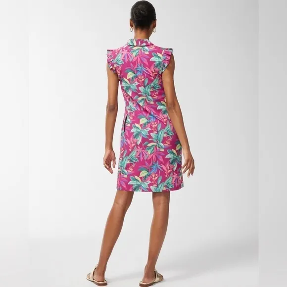 Chico’s Zenergy UPF Neema Floral Ruffle Dress size M Pink Berry Tropical Floral