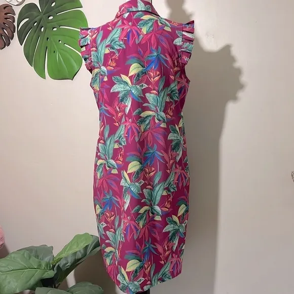 Chico’s Zenergy UPF Neema Floral Ruffle Dress size M Pink Berry Tropical Floral