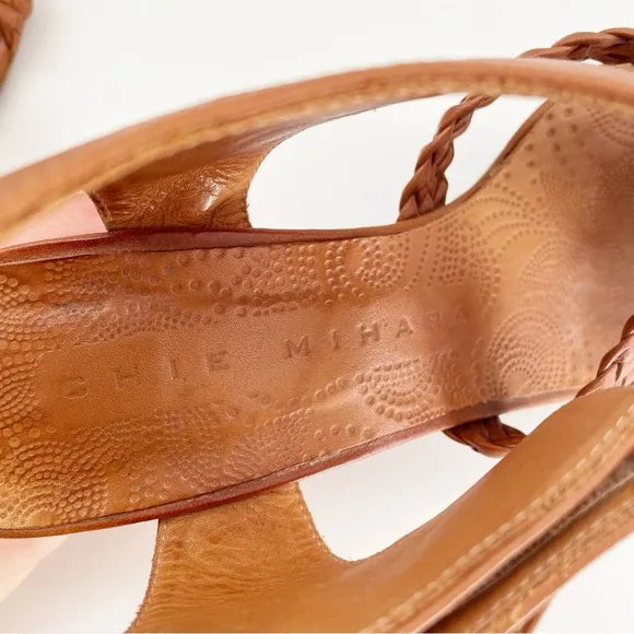 Chie Mihara leather heel sandals tan brown braided ankle t strap buckle 38.5 8.5