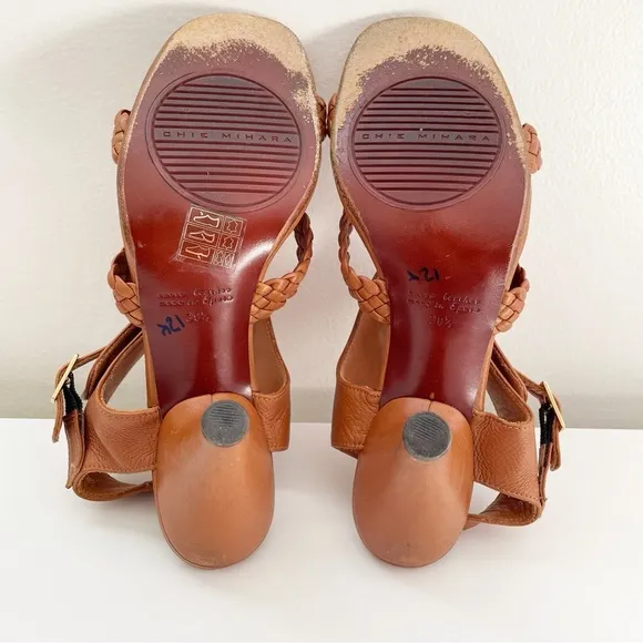 Chie Mihara leather heel sandals tan brown braided ankle t strap buckle 38.5 8.5