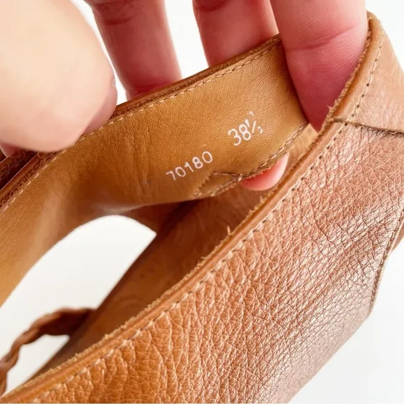 Chie Mihara leather heel sandals tan brown braided ankle t strap buckle 38.5 8.5