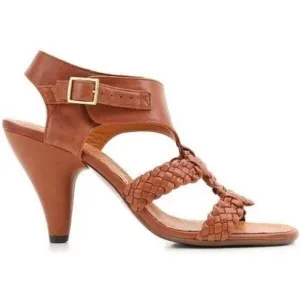 Chie Mihara leather heel sandals tan brown braided ankle t strap buckle 38.5 8.5