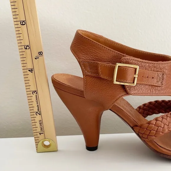 Chie Mihara leather heel sandals tan brown braided ankle t strap buckle 38.5 8.5