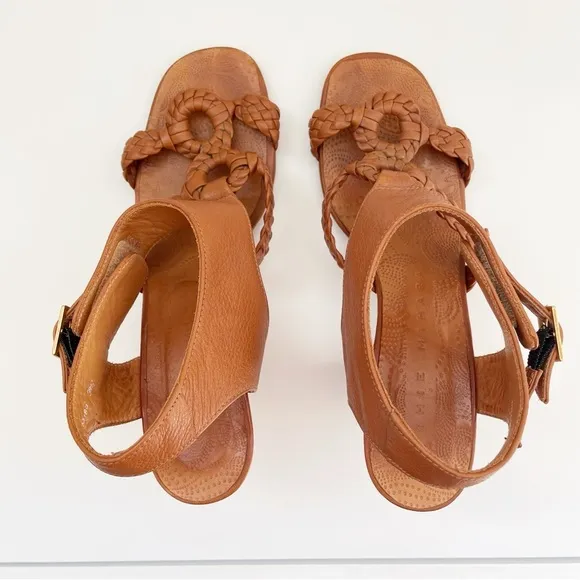 Chie Mihara leather heel sandals tan brown braided ankle t strap buckle 38.5 8.5