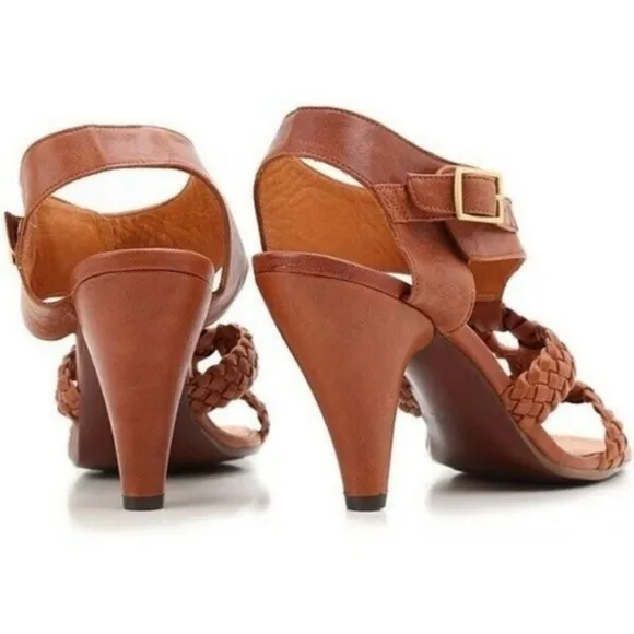 Chie Mihara leather heel sandals tan brown braided ankle t strap buckle 38.5 8.5