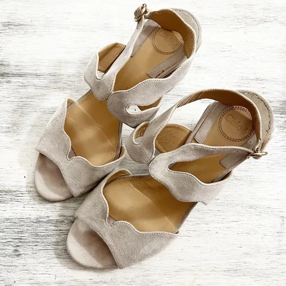 Chloe Suede open toe scalloped heeled ankle strap sandals size 38