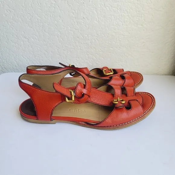 Chloe Women's Orange Red Leather Sandals Size 39